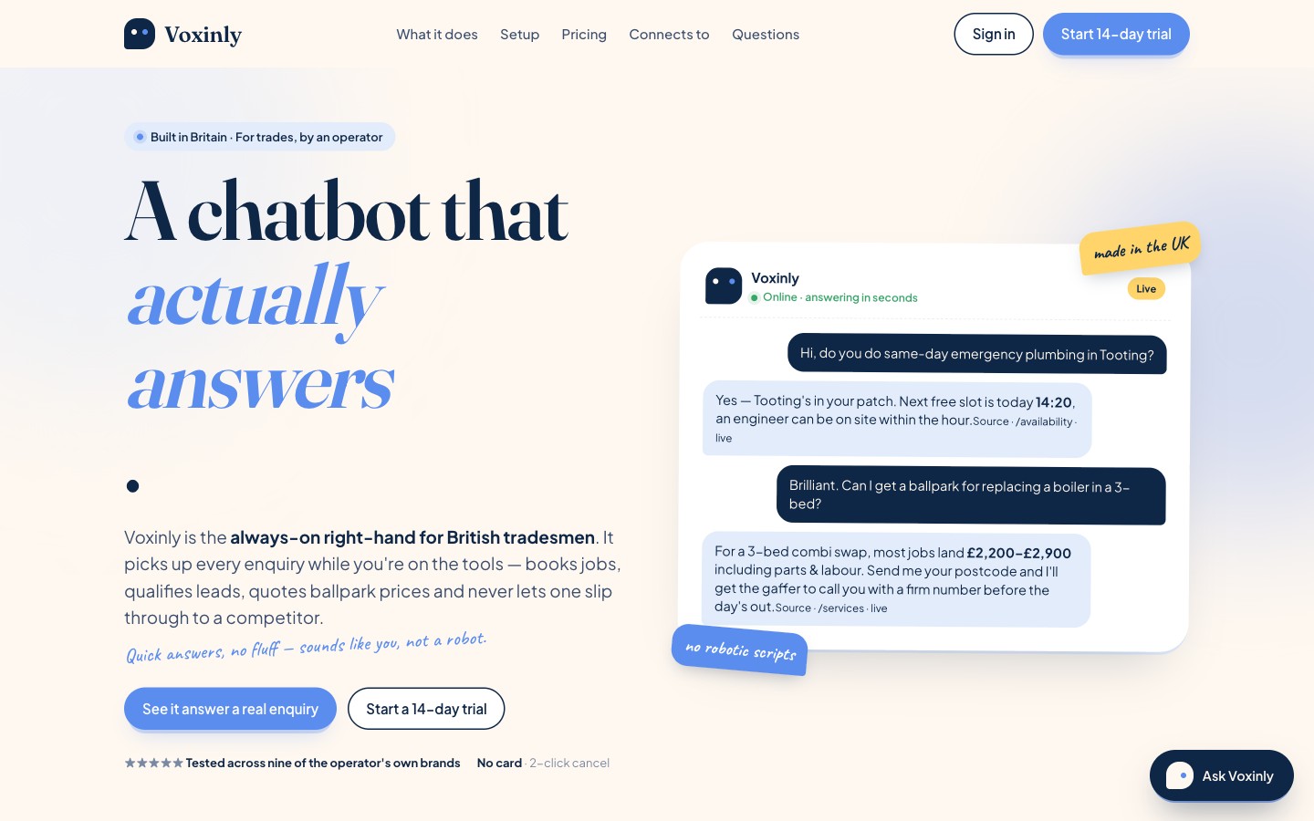 Example homepage with the Voxinly chat widget in the corner