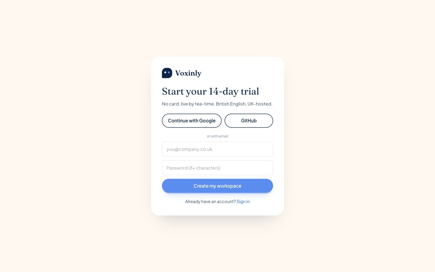 Voxinly sign-up page showing email and Google sign-up options