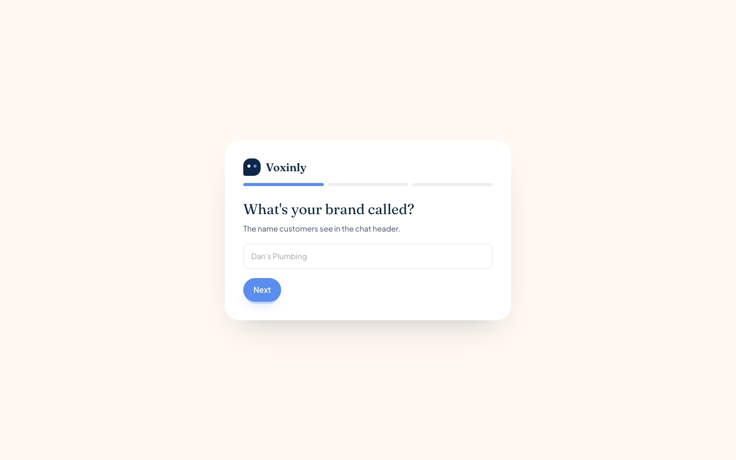 Voxinly onboarding wizard step 1 asking for the brand name