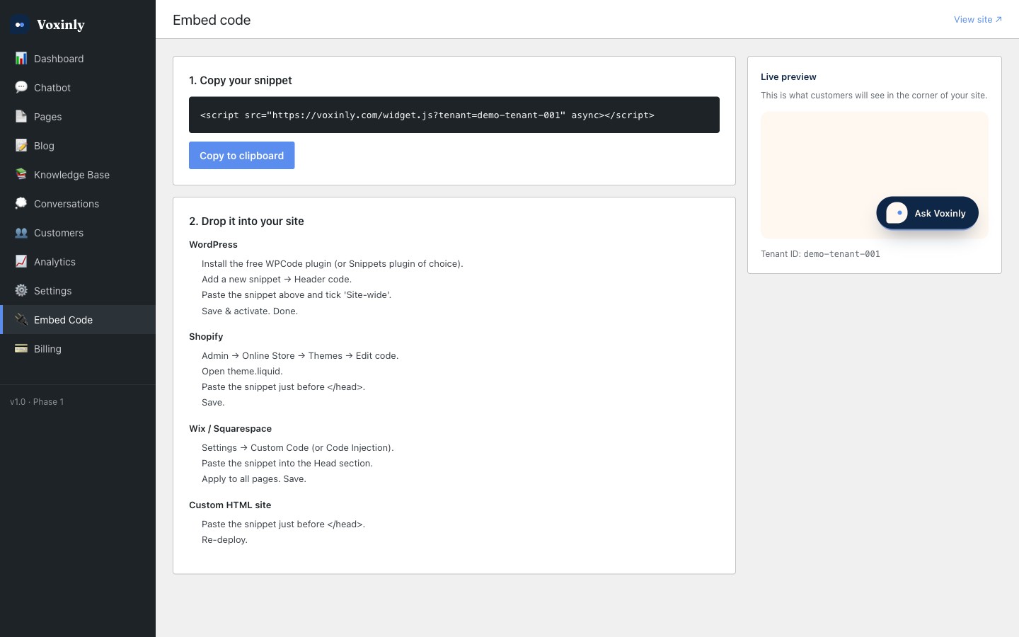 Voxinly embed page with the script tag visible and a copy button