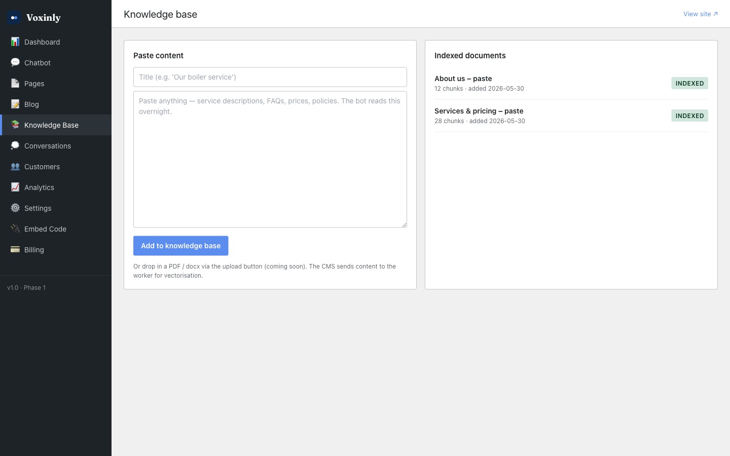 Voxinly knowledge base admin screen