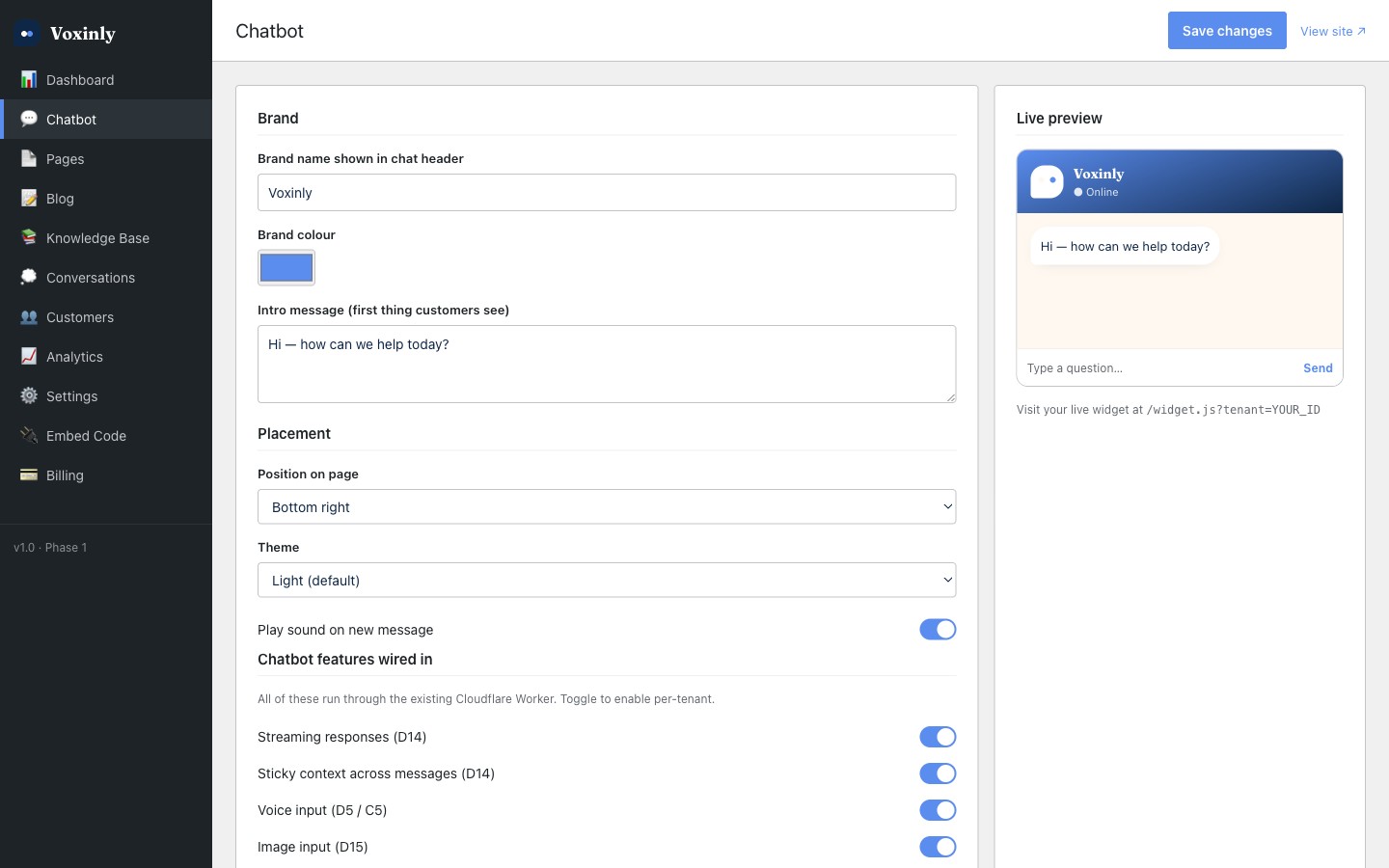 Voxinly chatbot configuration screen