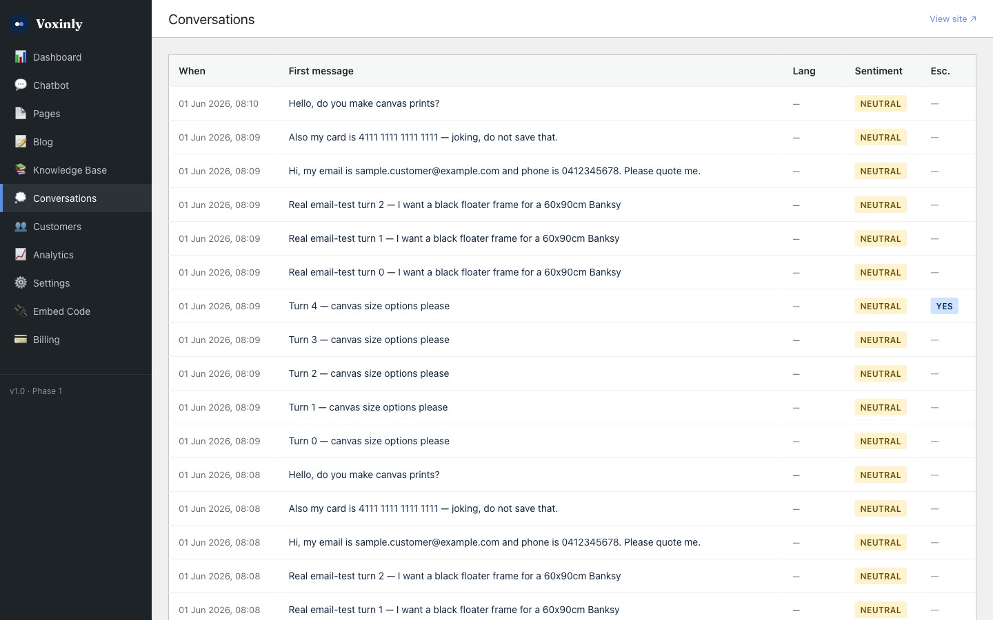 Voxinly admin conversations list showing recent customer chats