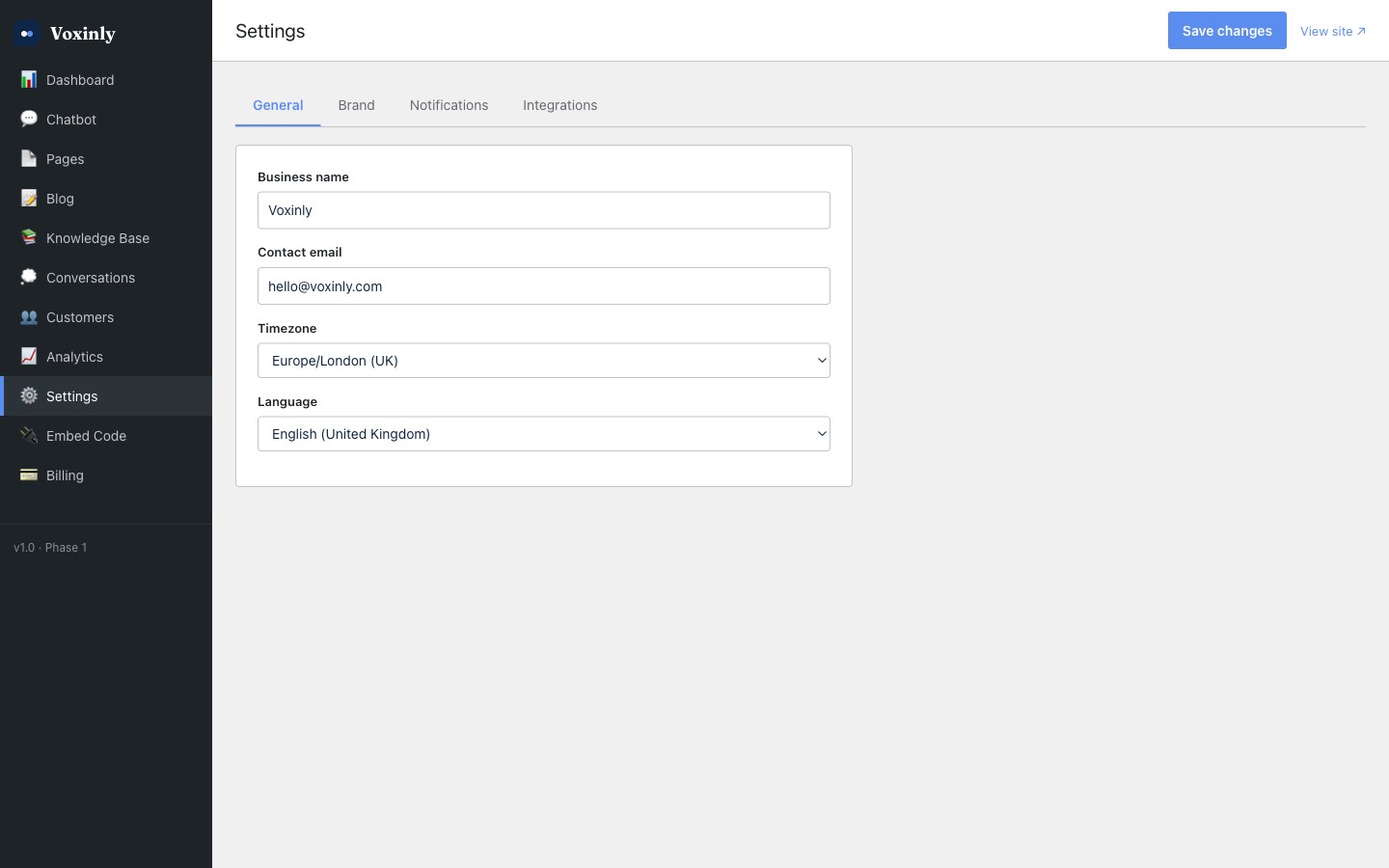Voxinly admin settings page used in the testing checklist